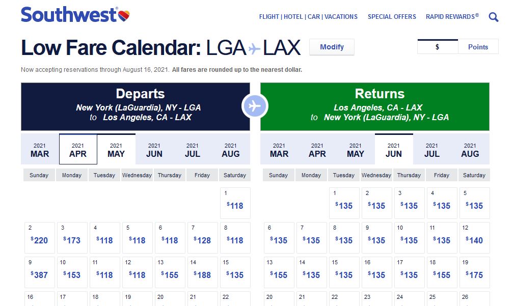 Southwest Airlines Low Fare Calendar 20212022 Deals